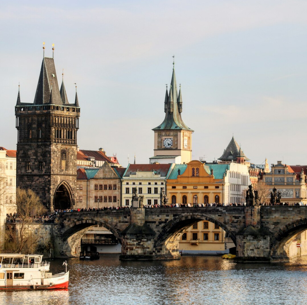 Prague old town rooftops and Charles Bridge
